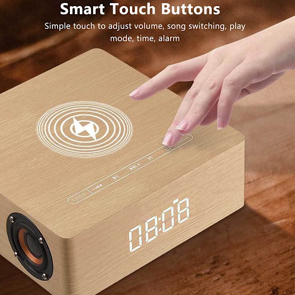 Trådlös digital väckarklocka i trä med Bluetooth-högtalare 12w, bärbar elektrisk, intelligent avkänning för kontor och resor, brun