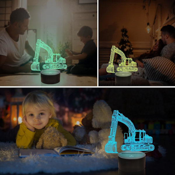 Grävmaskin 3D-lampa för barn, LED optisk illusion nattlampa med fjärrkontroll och timerfunktion som julklapp eller födelsedagspresent