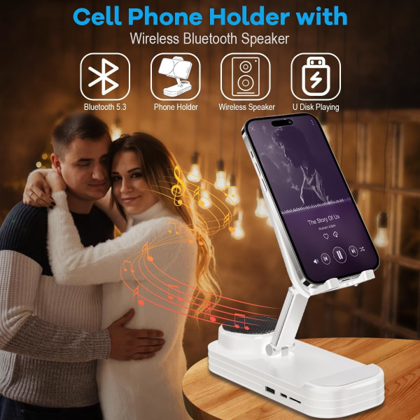 Mobiltelefonstativ med trådløs Bluetooth-højttaler HD Surround Sound med skridsikker base til hjemmekøkken udendørs Kompatibel med iPhone White