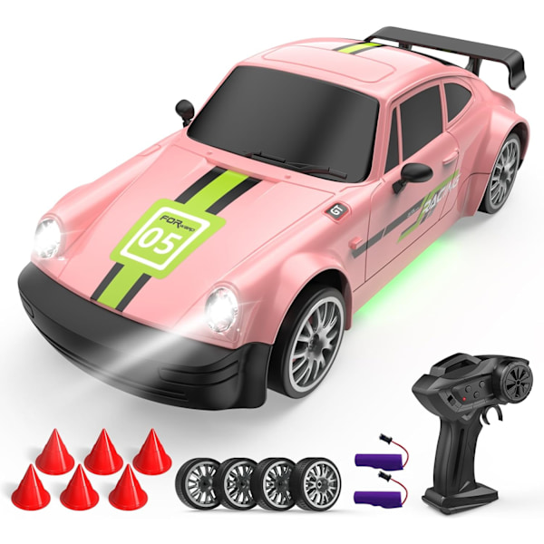 RC Driftbil 2.4GHz 1:20 Skala 4WD 20KM/H Hög Hastighet Fjärrstyrd Bil med LED-lampor Driftdäck 2 st Laddningsbara Batterier Leksaksbil Pink