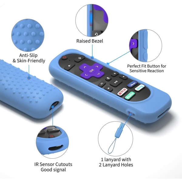 Silikoninen kaukosäätimen suojus Roku TV -kaukosäätimelle, silikonikotelo, joka on yhteensopiva useimpien Roku-äänikaukosäätimien kanssa, iskunkestävä, pestävä Roku Rmote -suoja, jossa on Lanyar Glow blue