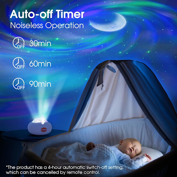 Galakseprojektor, 4-i-1 stjernelysprojektor med Aurora og spiralgalakse, stjernehimmel og måne, flerfarget nattlysprojektor med timer