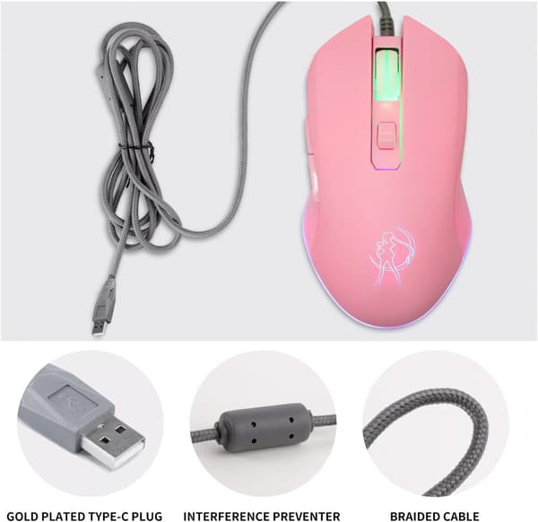 Pink Trådløs USB Computer Mus, 7 Farver Baggrundsbelysning, Lydløse Knapper, 3200 DPI, til MacBook, Computer PC, Laptop - Sailor Moon
