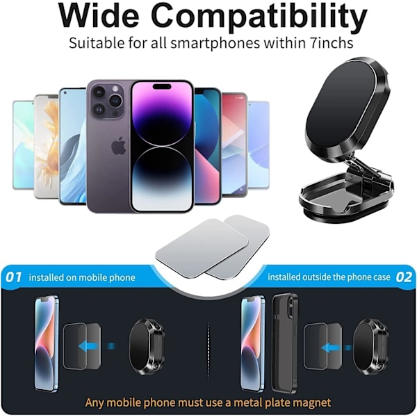 2 st - Svart Ny Legering Vikbar Magnetisk Biltelefonhållare - Magnetisk 360° Biltelefonhållare Ställ Instrumentbräda Vikbart Fäste Universell black