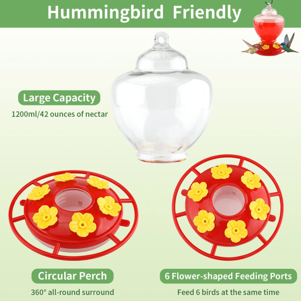 Hummingbird Feeder for Outdoors Hanging - Plastic Humming Bird Feeders 42 Ounce 6 Feeding Ports with Perch and Ant Guard Hook | Easy to Clean Leak-P