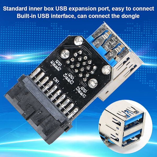 19PIN til 2-porters USB 3.0 adapterkonverter Svart ABS datamaskinutstyr Tilbehør