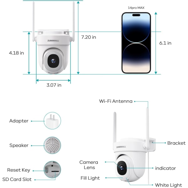 4MP Säkerhetskameror Utomhus, 5G/2.4G WiFi Utomhus Säkerhetskamera med 360°PTZ, 24/7 Trådade Kameror för Hemmasäkerhet, Automatisk Spårning, Rörelse&Ljud A 5/2.4GHz+4MP