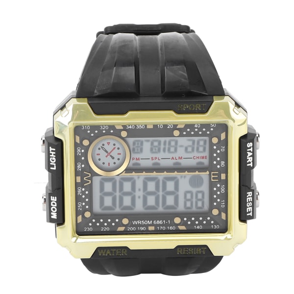 Elektronisk watch för män Nattljus Vattentät Stor urtavla Dual Time Digital Watch Svart Guld