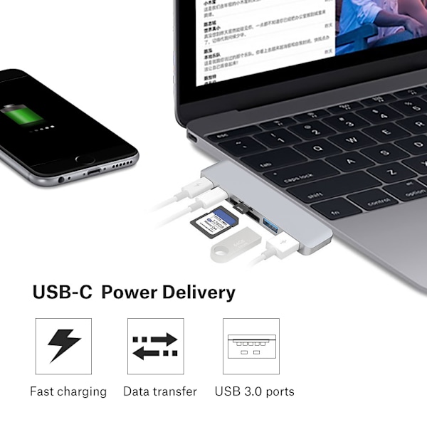 6-in-1 kaksois-USB-C-keskitinsovitin 2 USB3.0-portilla SD/TF-kortinlukija PD:llä Macbook Pro Silverille