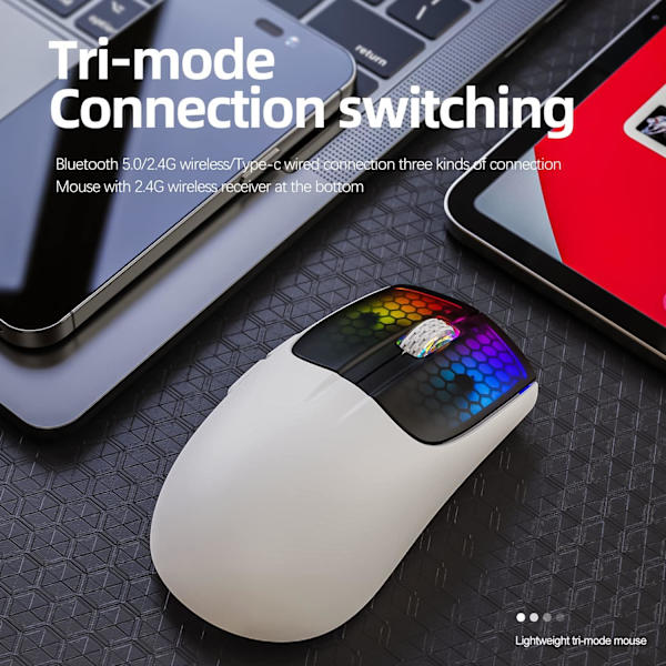 Trådlös Spelmus med Tri-lägen BT 5.1/2.4Ghz/USB-C, Lätt 49g, PAW3212 Optisk Sensor, Uppladdningsbart Batteri, RGB LED Bikake Mus Black White