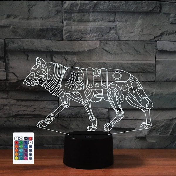 3D Robot Hund Fjärrkontroll 16 Färger Nattlampor Illusion Akryl LED Bord Sänglampa Barn Sovrum Skrivbords Dekoration Födelsedagspresenter Leksak för Barn