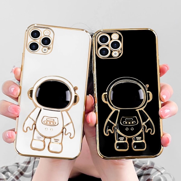 För iPhone 15promax Skal, Sött 3D Astronaut Ställ med [2 Skärmskydd] [Kameraskydd] Stötsäkert Bling Silikon S black