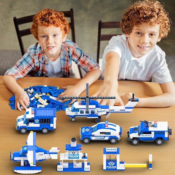 WishaLife 8 i 1 City Police Mobile Command Center Truck Toy Building Set, med polisstation leksak, polisbil leksak, helikopter leksak, båtleksak