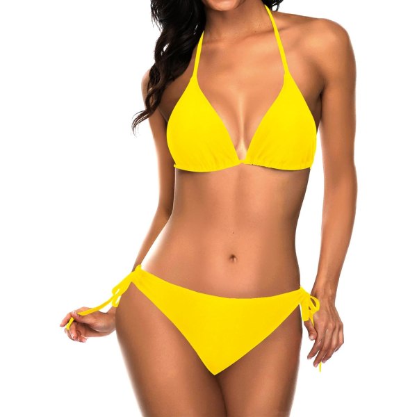 WJSM Kvinde Trekantet Bikini Sæt Halter Todelt Sexet Badetøj String Binde Side Badetøj Deep Yellow M