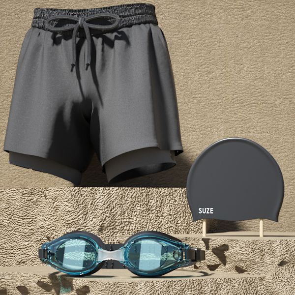 Herre dobbeltlags svømmebukse flat vinkel voksen hurtigtørkende anti-forlegenhet svømmebukse strandbukse spa svømmeutstyr sett Black three-piece set L