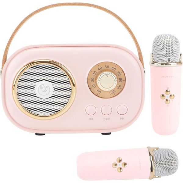 Pink Mini Karaoke Maskine til Børn, Bærbar Bluetooth Højttaler med 2 Trådløse Mikrofoner, Retro Højttaler Sæt Stereo Lyd Forbedret