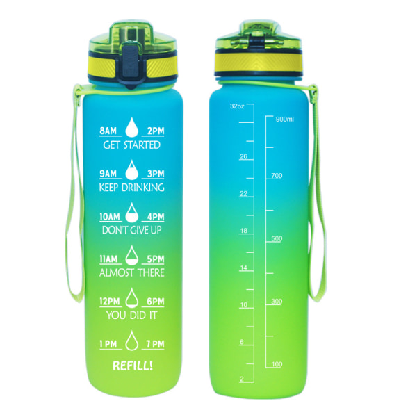 32 oz motiverende vandflaske med tidsmarkør ，1l flaske med bærestrop, perfekt til fitness, fitnesscenter og udendørs sport（Macaron Blå Gul）