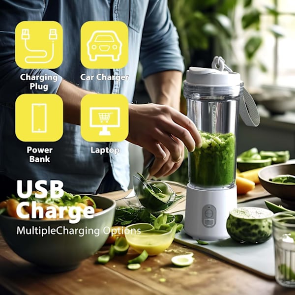 Bärbar Blender för Shakes och Smoothies 17Oz, Personlig Blender 4000mAh USB Laddningsbar, 500ml Bärbar Juicer för Kök/Resa/Gym White