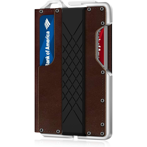 Taktisk minimalistisk plånbok för män, smal RFID-blockerande metallkortfodral, främre ficka herr läder Dapper Bifold plånbok med pengaclip Brown