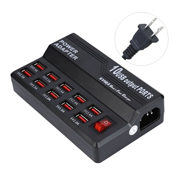 10-Portars snabbladdningsstation USB 5V 12A Smart laddare strömadapter