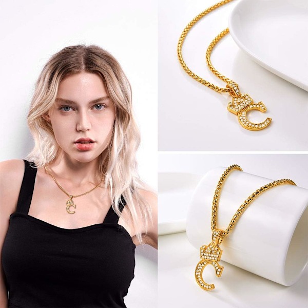 Krona Initial A-Z Halsband, Iced Out Letter Hänge med 22-24 Tums Kedja, Män Kvinnor Bling Hip Hop Alfabet Namn Smycken Present Stora Initialer Halsband C 18K Gold