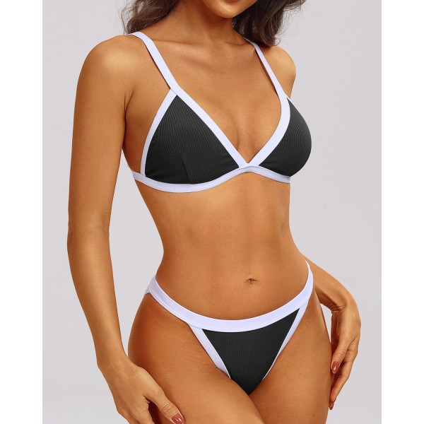 WJSM Kvinde Trekantet Bikini Sæt Halter Todelt Sexet Badetøj String Bånd Side Badetøj Black White S