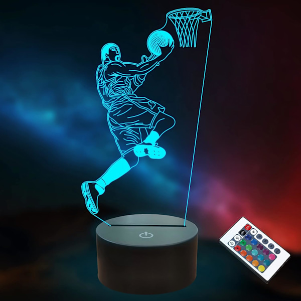 Basketballgaver til barn, 3D illusjonslampe Basketball nattlys med fjernkontroll + berøring 16 farger blinkende skiftende + timer skrivebordslamper for gutter Ro