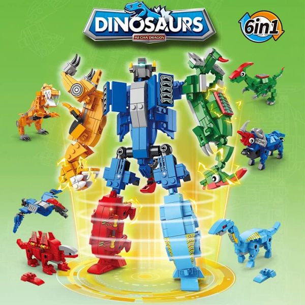 6 i 1 Dinosaur Byggesæt, Robot Byggesæt, Dinosaur Mecha Byggelegetøj STEM Lærings Byggesæt, Fødselsdagsgaver til Børn