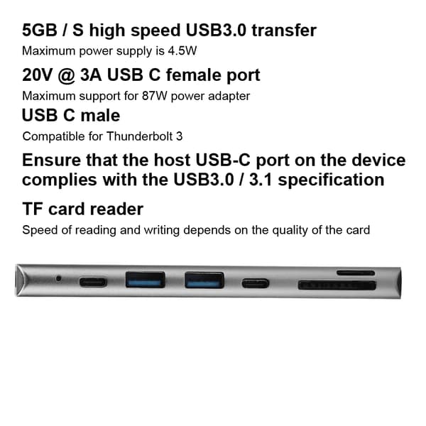 Grå 7-i-1 USB-C til Type-C 3xUSB 3.0 Hub HDMI Rj45 Ethernet Mini SDTF OTG Adapter