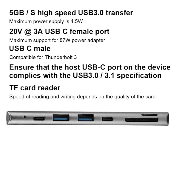 Harmaa 7-in-1 USB-C - Type-C 3xUSB 3.0 Hub HDMI Rj45 Ethernet Mini SDTF OTG -sovitin