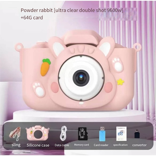Lasten kamera, jolla voi ottaa kuvia ja videoita, lasten syntymäpäivälahjat, pieni SLR-kamera, sarjakuvalelut Pink Rabbit 64G Memory Card