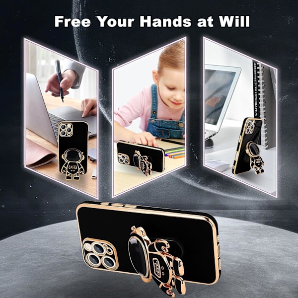 iPhone 16 Pro -kotelo, Söpö 3D Astronauti Jalusta [2 Näytönsuojaa] [Kameran Suojaus] Tukijalka Iskunkestävä Bling Silikoni So black