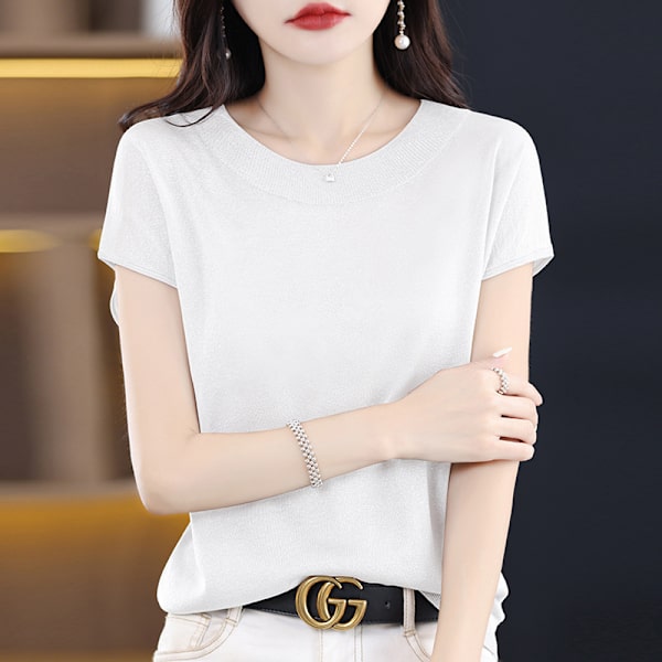 Sommer Ny Casual Kortærmet Dame Rund Hals Strik Sweater Ærme T-shirt Løs Western-stil Lys Silke Elegant Top White M