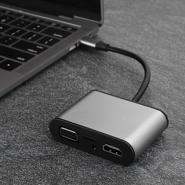 8 i 1 USB C Hub Grå Multifunktionel Udvidelsesdock Type C til HDMiVGaPD Stik (Grå)