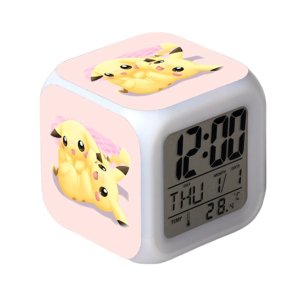 Wekity Pikachu Färgglad Väckarklocka LED Kvadratisk Klocka Digital Växklcka med Tid, Temperatur, Alarm, Datum