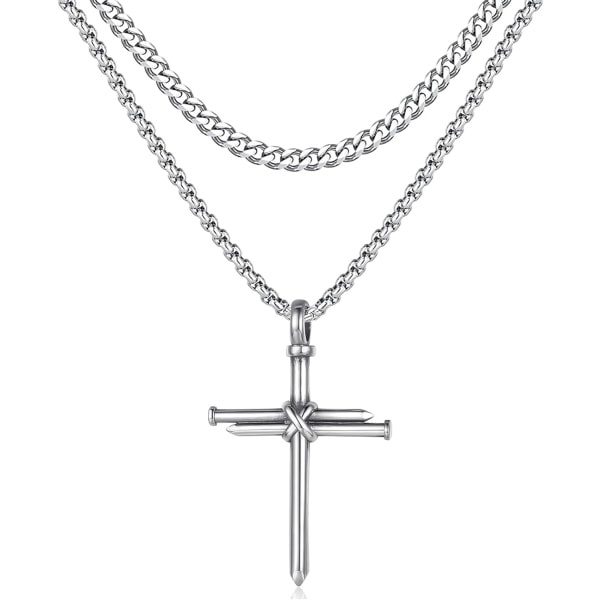 Korshalskjede for menn Korsanheng STYRKE Bibelvers Rustfritt stål Halskjede Layered Silver Cross