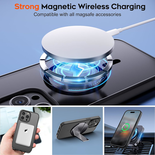 Magneettinen iPhone 15 Pro -kuori (yhteensopiva MagSafe-laturin kanssa) (sotilastason pudotussuojaus) Ohut läpikuultava matta iskunkestävä A:lla Black