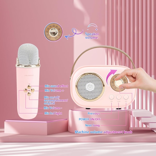 Pink Mini Karaoke Maskine til Børn, Bærbar Bluetooth Højttaler med 2 Trådløse Mikrofoner, Retro Højttaler Sæt Stereo Lyd Forbedret