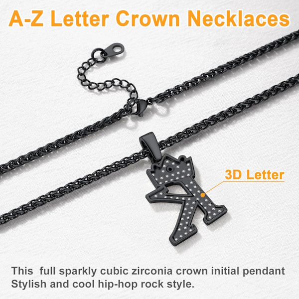Krona Initial A-Z Halsband, Iced Out Letter Hänge med 22-24 Tums Kedja, Män Kvinnor Bling Hip Hop Alfabet Namn Smycken Present Stora Initialer Halsband K Black