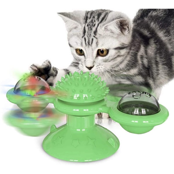 Cat Windmill Toy, Cat Windmill Spin Toy Platespiller Interaktiv Cat Spinning Windmill Leke med LED-ball og kattemynteball-sugekopp, riper, grønn