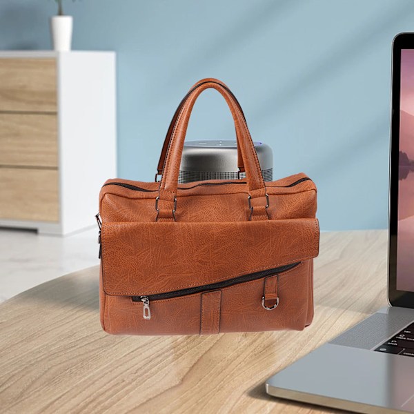 Datamaskinveske PU Vanntett Stor Kapasitet Multifunksjonell Business Bag for Bærbar PC Filer Reise Arbeid Khaki 1