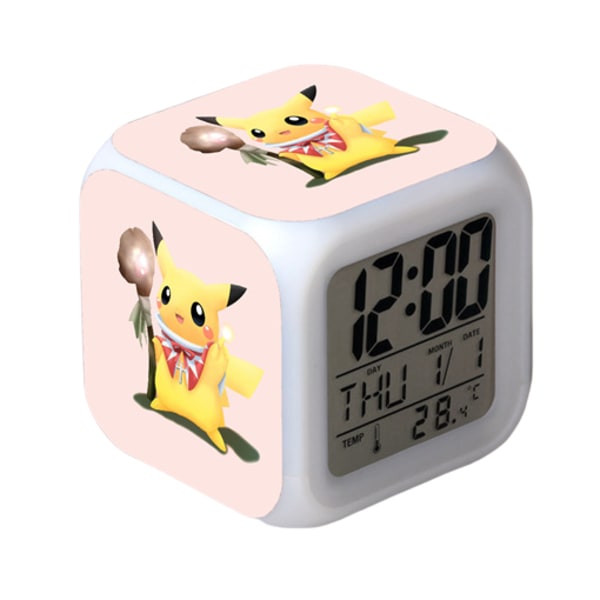 Wekity Pikachu Färgglad Väckarklocka LED Kvadratisk Klocka Digital Växklcka med Tid, Temperatur, Alarm, Datum