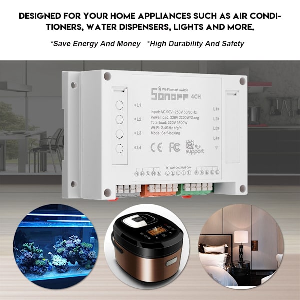 4-kanals montering Smart Home WiFi-stikkontaktmodul Timer AC 90-250V til Android/iOS-telefon