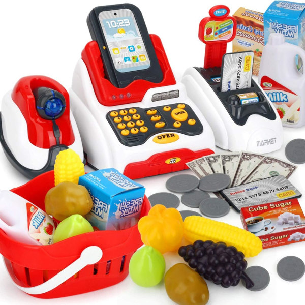 Lek med smart kassaapparat, leksakskassa med kassaskannrar, fruktkortläsare, kreditkortsmaskin, leksakspengar och matvaruleksaker