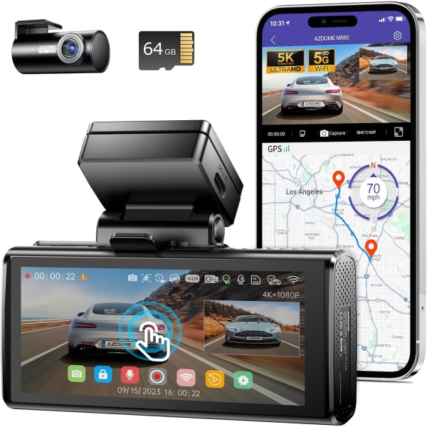 M580 5K 5GHz WiFi Dash Cam for og bag, 4" Touchscreen Dash Camera til biler, Gratis 64GB kort Dash Camera 4K+1080P GPS WDR Night Vision 24H 4 M Black