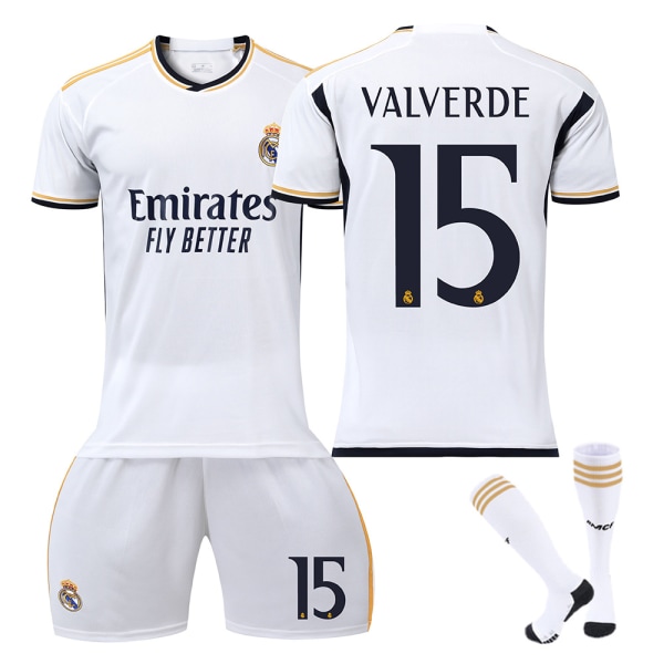 23/24 Real Madrid Barn- och Vuxen Jersey Sportswear Set med Strumpor No.15 VALVERDE M