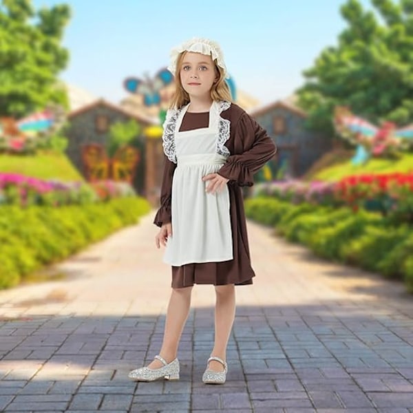 Aomig Victorian Maid -asu tytöille, viktoriaaninen kylä -aikakauden mekko moppihatulla ja valkoisilla sukilla, lasten viktoriaaninen köyhän tytön asu M