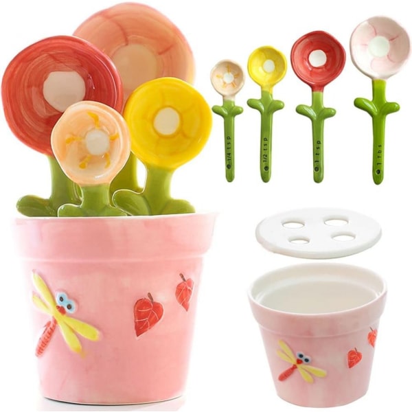 Flower Measuring Spoons Set in Pot Unique Baking Gifts Ceramic Cute Measuring Cups and Spoons with Holder for Dry Wet Ingredients