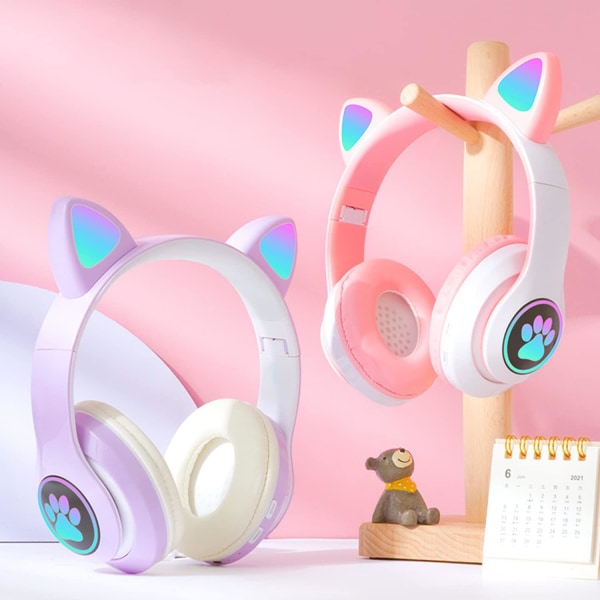 Bluetooth-hörlurar för barn, söta öron kattöron LED-ljus upp fällbara hörlurar stereo över örat med mikrofon/TF-kort trådlösa hörlurar för iPho Purple