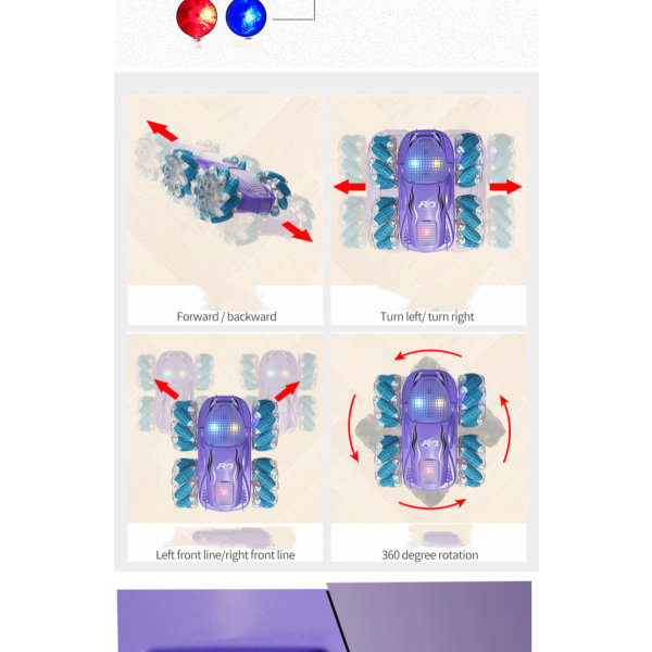 Stuntbillegetøj, fjernbetjeningsbil med 2-sidet 360 rotation til drengebørn pige, rødt lys, blåt lys, lilla